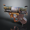 Vintage Mechanical Revolver Weapon With Green Metal Body And Gold Accent Details