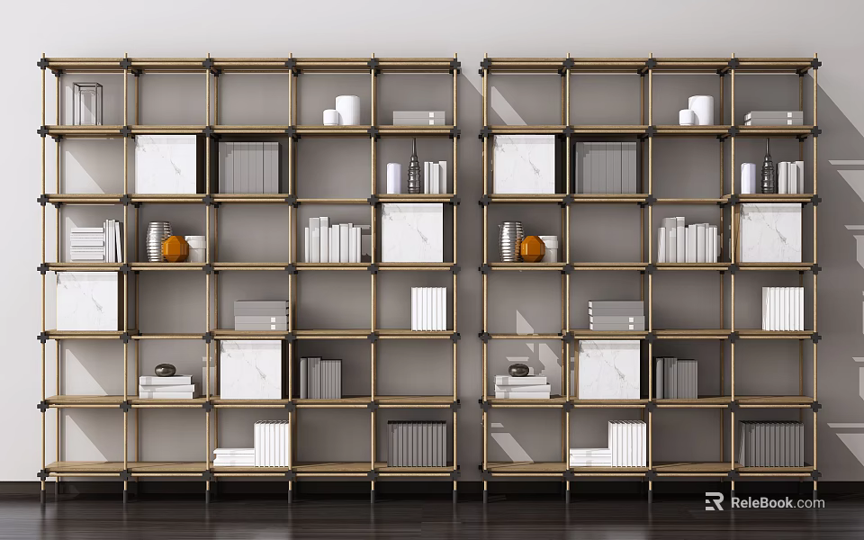 Elegant Modern Bookshelf With Multi tiered Gold Frame Marble Panel And Books Decorations 3d model 