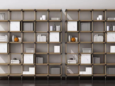 Elegant Modern Bookshelf With Multi tiered Gold Frame Marble Panel And Books Decorations 3d model