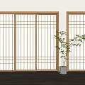 Modern Sliding Doors With Wooden Frame Lattice Design And Green Plant On Wooden Floor