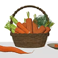 Fresh Carrots in Wicker Basket with Green Leaves Single Carrot Beside Small Plate and Slices