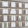 Different Curtain Styles Displayed on Illuminated Multi Layered Shelves with Window Views 3d model