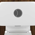 White Modern Toilet With Open Lid And Decorative Base Band On Wooden Floor