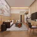 Hotel Guest Room With Twin Beds Upholstered Headboards Wall Decor Flat Screen TV Desk Chair