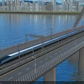Modern Bridge with High-Speed Train and Truck Over River Against City Skyline