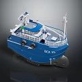 Blue BCK 33 Boat With Deck Railing And Upper Structure