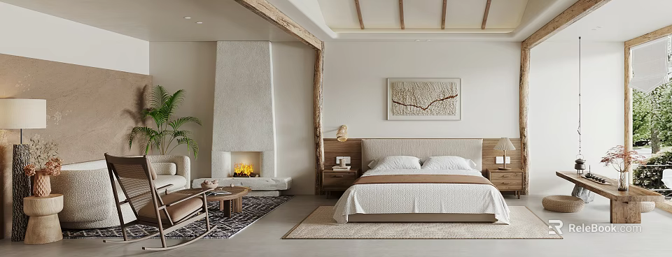 Serene Bedroom Interior Design With Cozy Bed Fireplace Sofa And Decorative Painting 3d model 