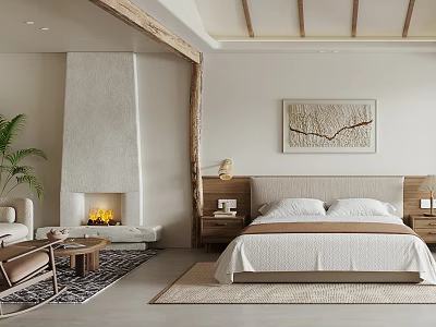 Serene Bedroom Interior Design With Cozy Bed Fireplace Sofa And Decorative Painting 3d model