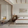 Serene Bedroom Interior Design With Cozy Bed Fireplace Sofa And Decorative Painting