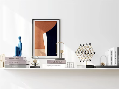 Modern Decorative Ornament Set With Abstract Painting Geometric Sculpture Books And Lamp On Shelf 3d model