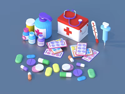 Colorful Medical Supplies Collection With First Aid Kit Medicine Bottles Pills Thermometer And Syringe 3d model