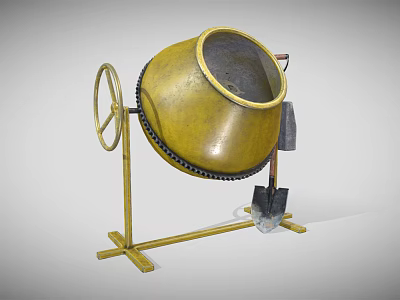 Yellow Construction Concrete Mixer On Metal Stand With Wheel And Shovel 3d model
