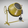 Yellow Construction Concrete Mixer On Metal Stand With Wheel And Shovel