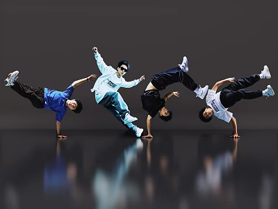 Group of Men Performing Dynamic Dance Moves With Handstands On Gray Background 3d model