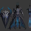 Mythical Armored Man With Horned Shield And Blue Accented Sword