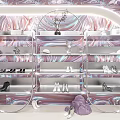Purple Themed Specialty Store Interior With White Dolls Display Shelves And Decorative Plants