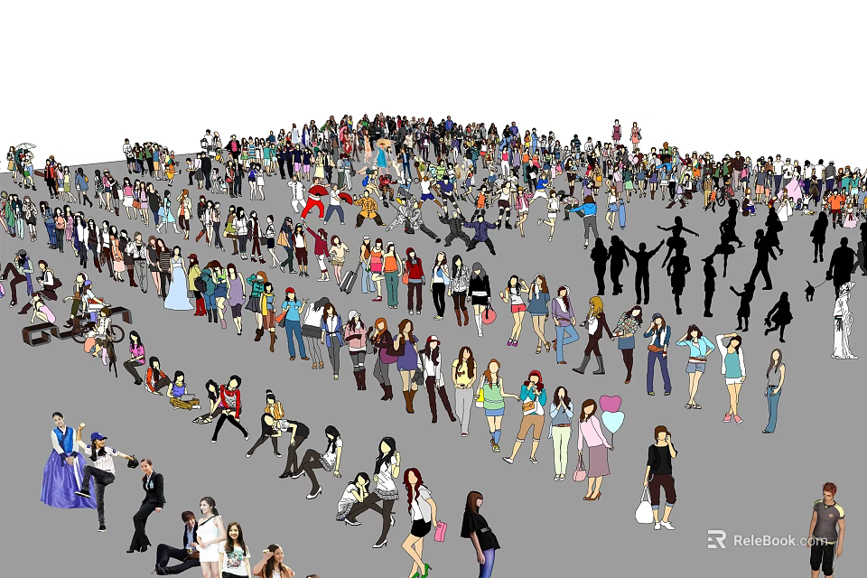 Large Group of People Gathered in Outdoor Public Space with Diverse Attire 3d model 