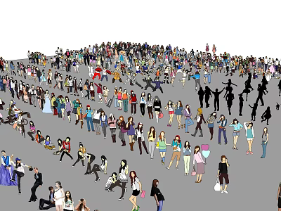 Large Group of People Gathered in Outdoor Public Space with Diverse Attire 3d model