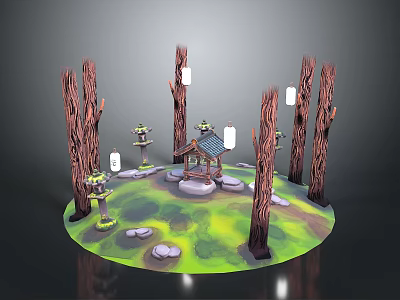 Traditional Garden Pavilion Surrounded By Wooden Trunks With Hanging Lanterns On Grassland 3d model