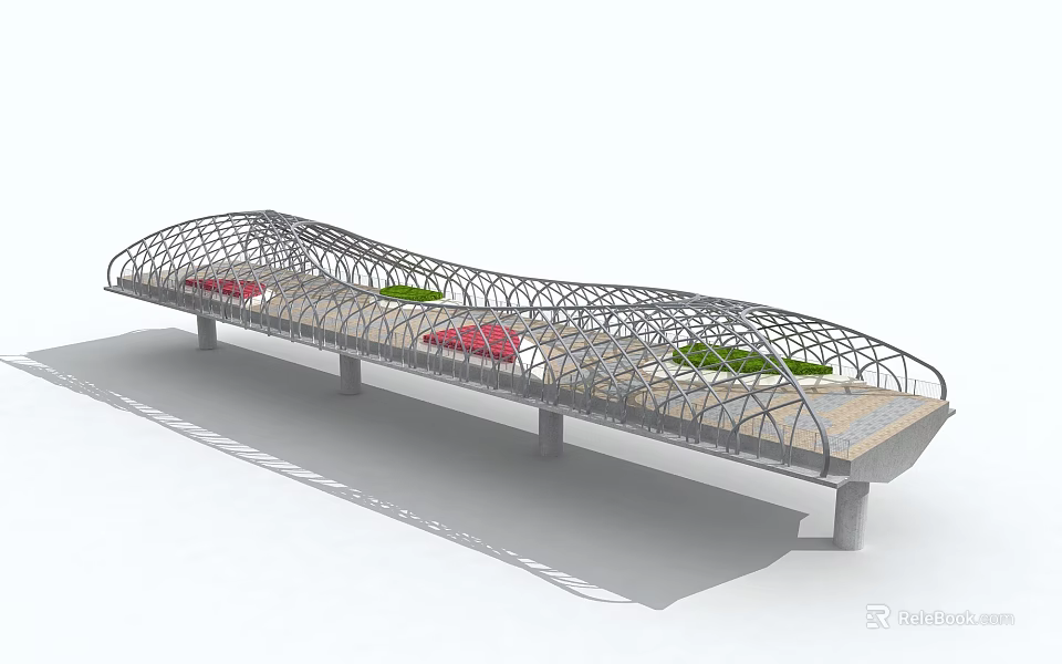 Modern Arched Bridge Design With Metal Frame Greenery And Red Seating Paved Surface 3d model 
