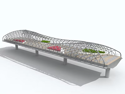 Modern Arched Bridge Design With Metal Frame Greenery And Red Seating Paved Surface 3d model