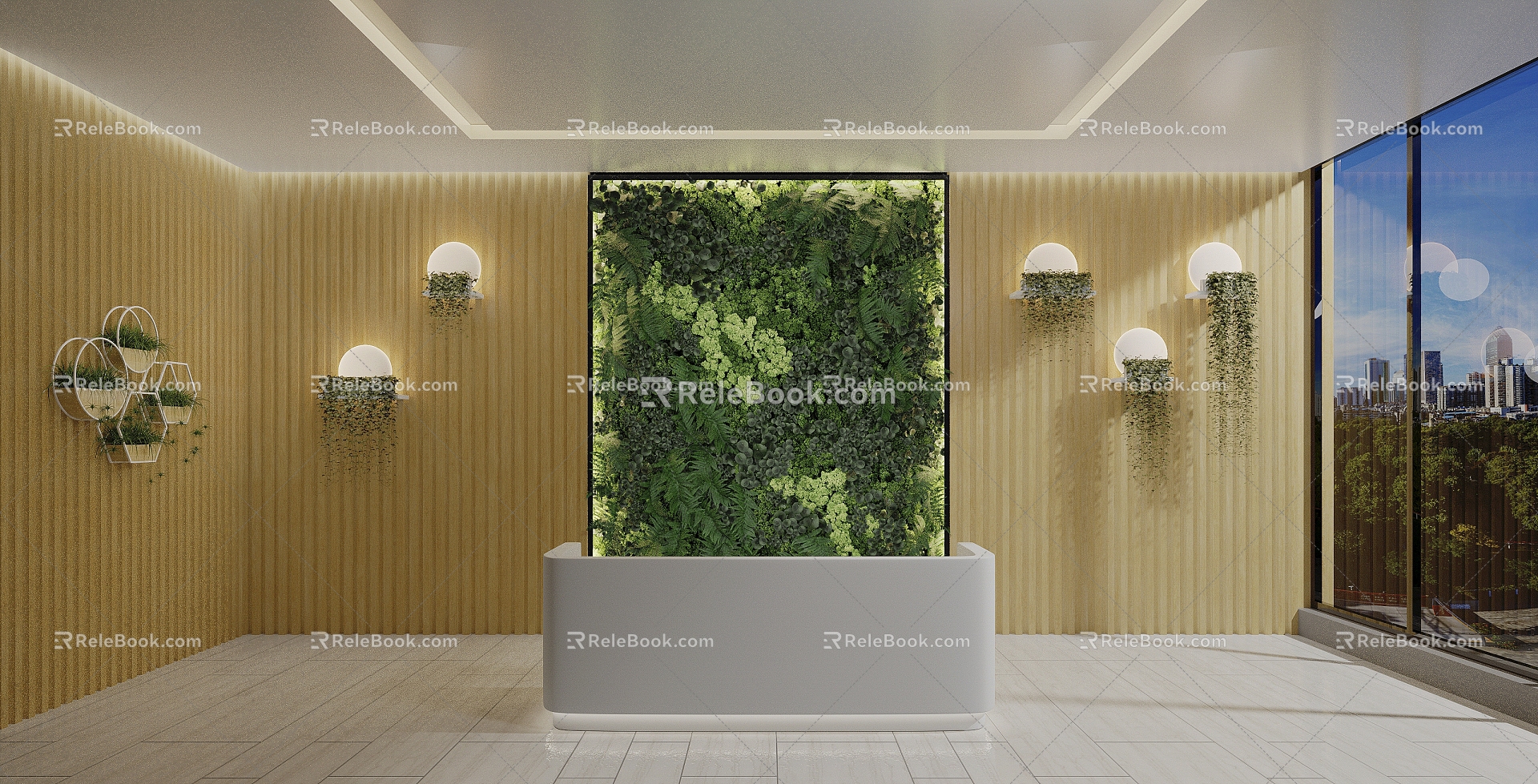 Green Plant Wall Front Desk Background Wall Green Plant Flowers Green Plant Background Reception Desk 3d model