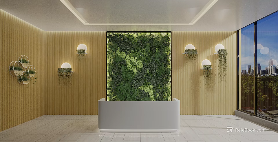 Modern Indoor Green Plant Wall Design with Wooden Panel Walls and Wall Lamps Decor 3d model 