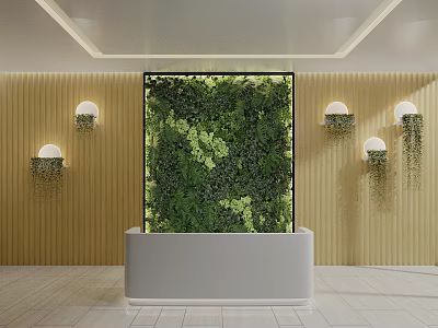 Modern Indoor Green Plant Wall Design with Wooden Panel Walls and Wall Lamps Decor 3d model
