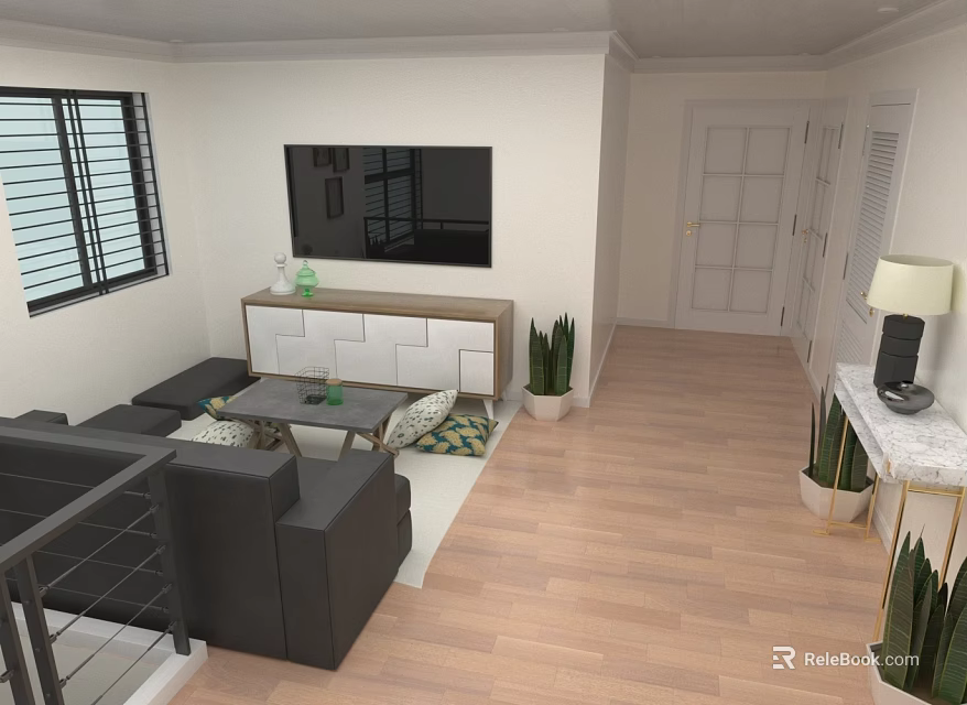 Cozy Bright Modern Living Room With Wall Mounted TV Dark Sofa And Warm Wooden Floors 3d model 