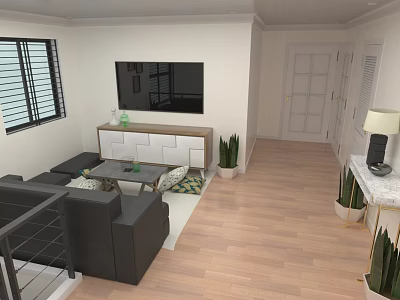 Cozy Bright Modern Living Room With Wall Mounted TV Dark Sofa And Warm Wooden Floors 3d model