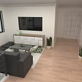 Cozy Bright Modern Living Room With Wall Mounted TV Dark Sofa And Warm Wooden Floors