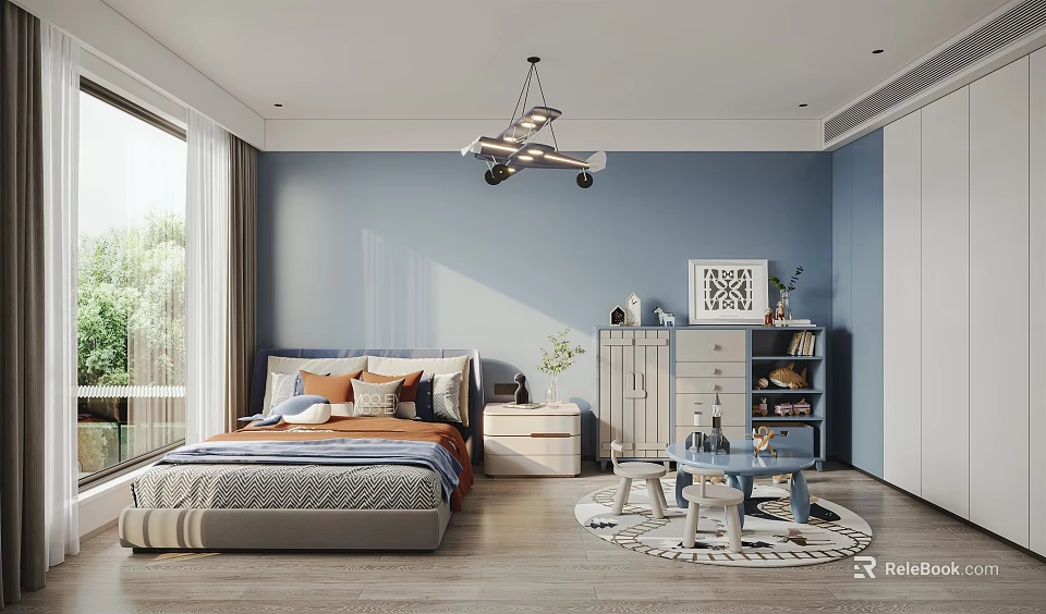 Kids Room Interior With Blue Walls Bed Pillows Nightstand Small Desk Cabinet And Wooden Floor 3d model 