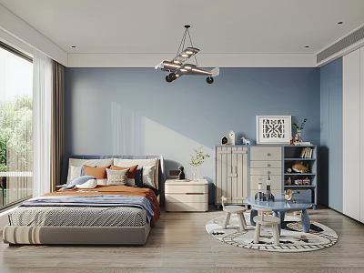 Kids Room Interior With Blue Walls Bed Pillows Nightstand Small Desk Cabinet And Wooden Floor 3d model