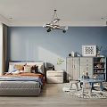 Kids Room Interior With Blue Walls Bed Pillows Nightstand Small Desk Cabinet And Wooden Floor