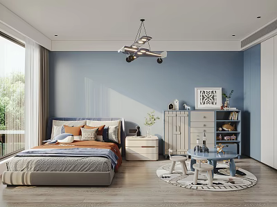 Kids Room Interior With Blue Walls Bed Pillows Nightstand Small Desk Cabinet And Wooden Floor 3d model