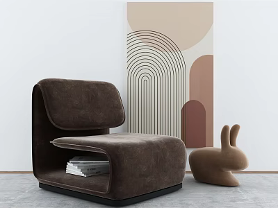 Modern Brown Single Sofa With Soft Velvet Upholstery And Rabbit Figurine Near Geometric Wall Art 3d model