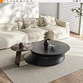 Black Round Coffee Table with Marble Side Table Vase Decor Items White Sofa Beige Carpet 3d model