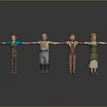 Four Detailed 3D Characters in Various Costumes Standing with Arms Outstretched