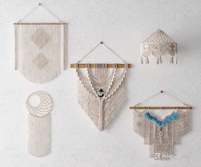 Handmade Macramé Wall Hangings With Bohemian Tassels And Geometric Patterns 3d model 
