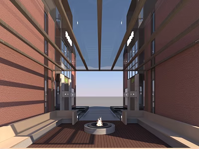 Garden Landscape With Red Brick Walls Glass Roof Wooden Flooring Fire Pit Benches Sea View 3d model