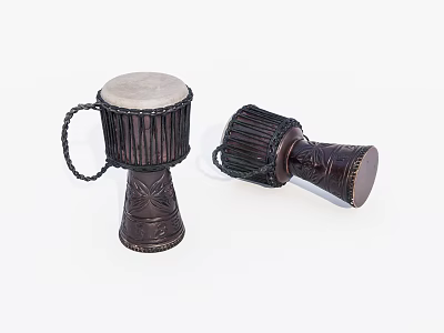 Two Handmade Dark Brown Drums with Carved Patterns and White Drumheads Standing and Lying 3d model