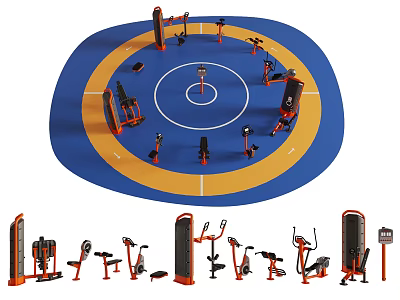 Sports Equipment in Circular Blue and Yellow Fitness Area with Treadmills Dumbbells and Exercise Benches 3d model