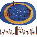 Sports Equipment in Circular Blue and Yellow Fitness Area with Treadmills Dumbbells and Exercise Benches