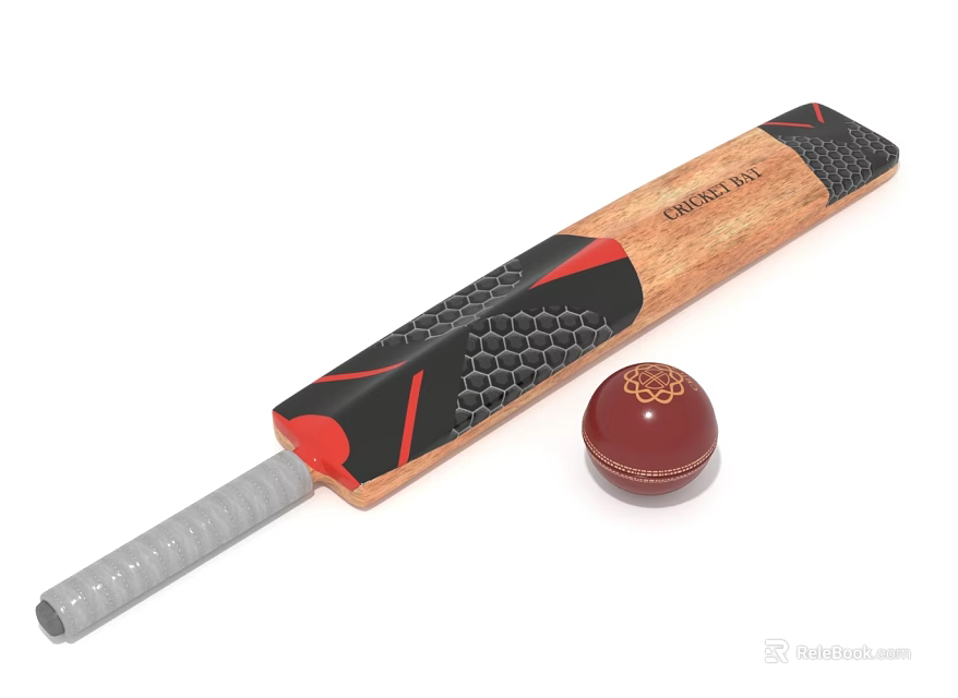 Wooden Cricket Bat With Red Stitched Ball And Modern Design Elements 3d model 