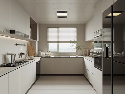 Modern Open Kitchen Interior With White Cabinets Window Blinds And Clean Countertop Appliances 3d model