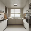 Modern Open Kitchen Interior With White Cabinets Window Blinds And Clean Countertop Appliances