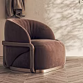 Brown Velvet Armchair In Beige Wall Room With Hanging Coat And Olive Tree
