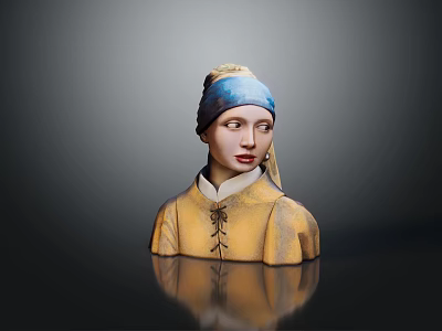 Artistic Character Bust With Blue Headscarf Yellow Clothing Gray Background And Reflection 3d model