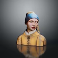 Artistic Character Bust With Blue Headscarf Yellow Clothing Gray Background And Reflection