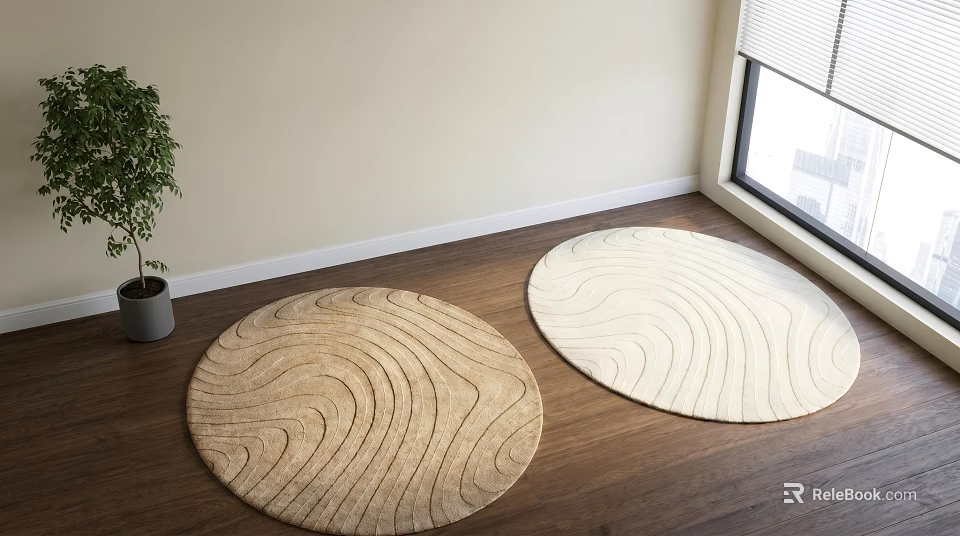 Modern Round Carpets Featuring Wood Grain Design in Beige and Cream Tones on Hardwood Floor 3d model 